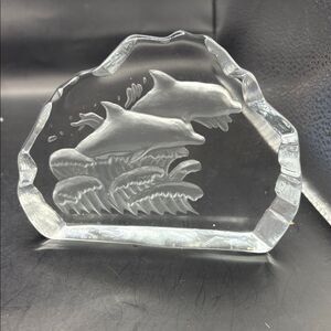 Reverse Relief Etched Glass Dolphin Leaping in Waves Paperweight